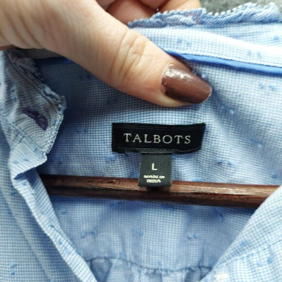 Talbots Womens Blue Textured Cotton Button-Front Blouse With Roll-Tab Sleeves Si - Picture 2 of 5